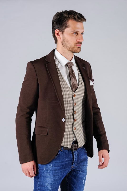 Коричневый мужской пиджак на одну пуговицу. Арт.:2-120-4