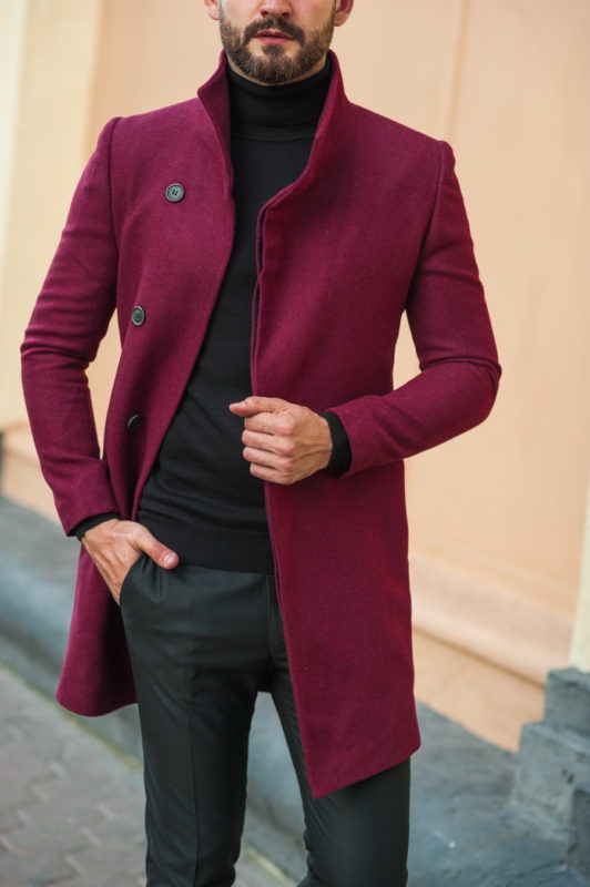 Стильное мужское пальто бордового цвета. Арт.:1-512-2