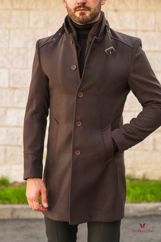 Мужское коричневое пальто с воротником стойкой. Арт.:1-559-1