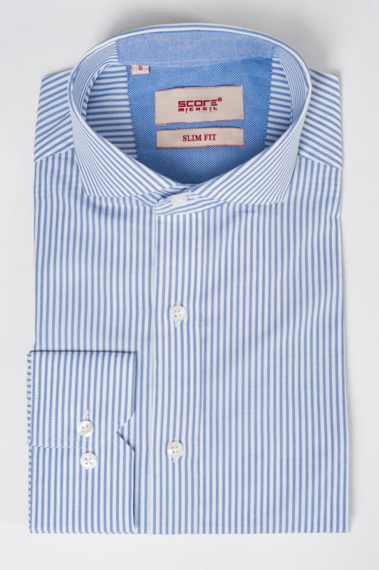 Приталенная голубая рубашка в вертикальную полоску. Арт.:5-529-3