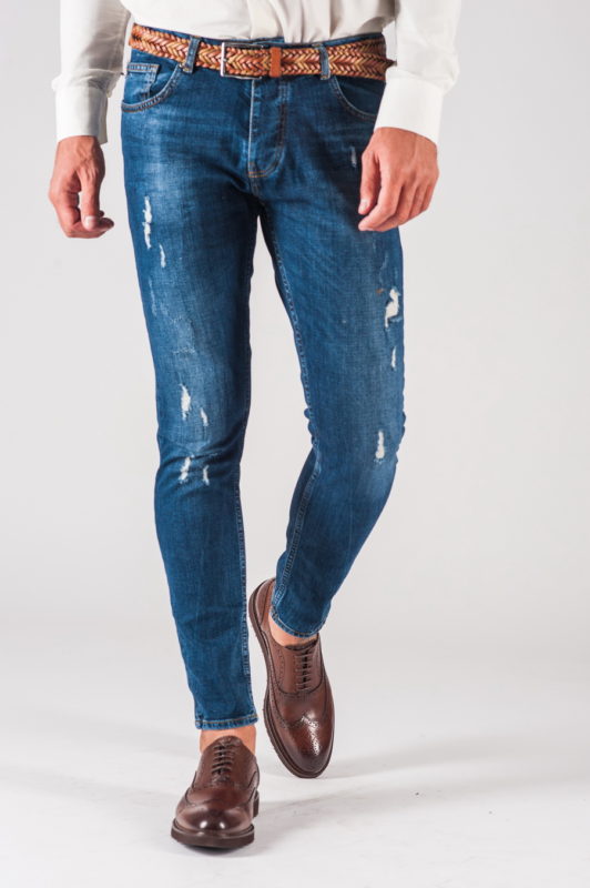 Синие мужские джинсы skinny с рваностями. Арт.:7-727