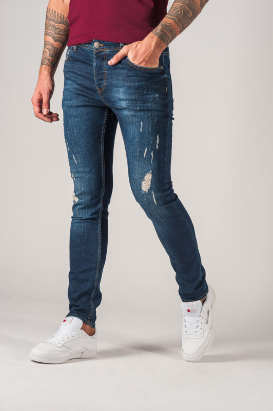 Синие мужские джинсы с потертостями и рваностями. Арт.:7-766