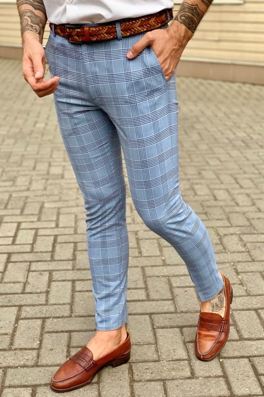 Клетчатый мужские брюки голубого цвета. Арт.:6-960-3