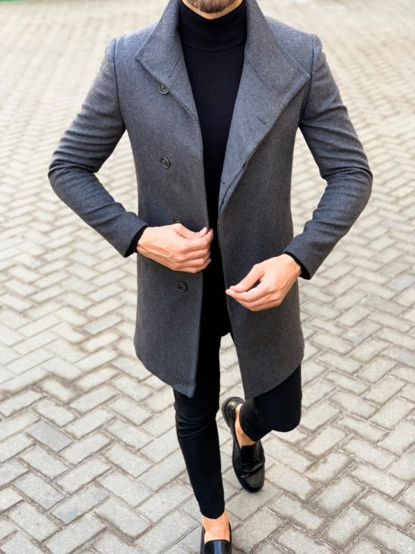 Серое мужское пальто со скошенным бортом. Арт.:1-1121-2