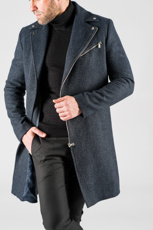 Мужское синее пальто с косым бортом. Арт.:1-1318-2