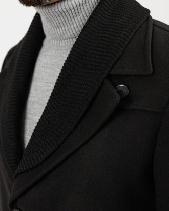 Черное пальто с шалевым и отложным воротником. Арт.:1-1842-1