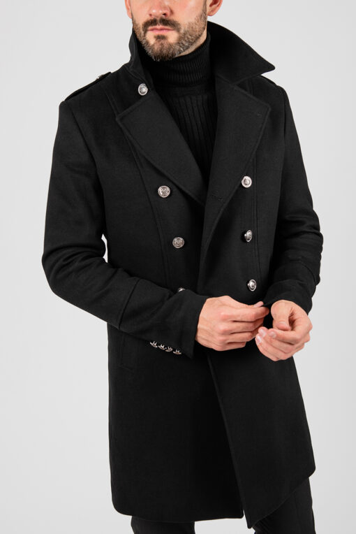 Мужское двубортное зимнее пальто, чёрного цвета. Арт.:1-1877-10