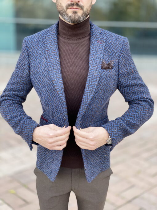 Синий приталенный пиджак с принтом “ёлочка” Арт.:2565