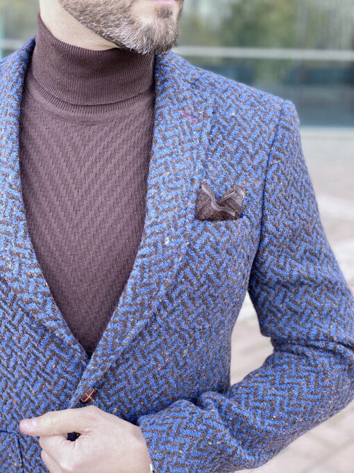 Синий приталенный пиджак с принтом “ёлочка” Арт.:2565