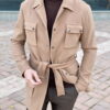 Бежевое приталенное пальто с поясом Арт.:2566