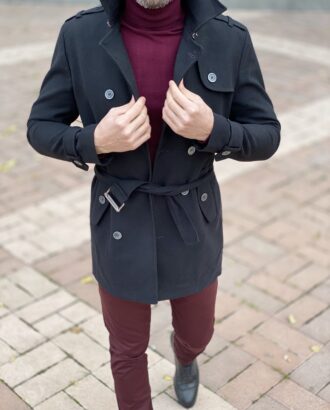 Черное мужское пальто с поясом. Арт.:2585