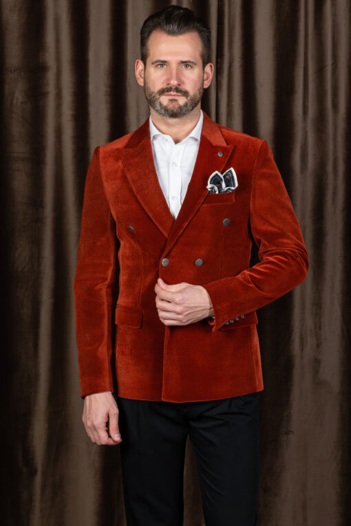 Двубортный пиджак терракотового цвета бархатной текстуры. Арт.:6577